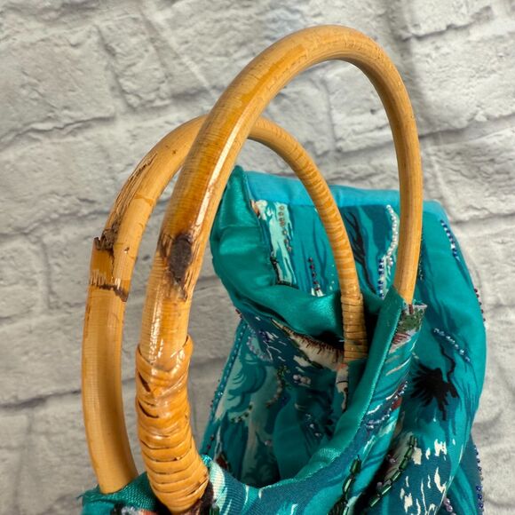 VTG Marlin Tropical Hawaiian Beaded Tote Handbag Purse Swordfish Bamboo Handles - Picture 12 of 16